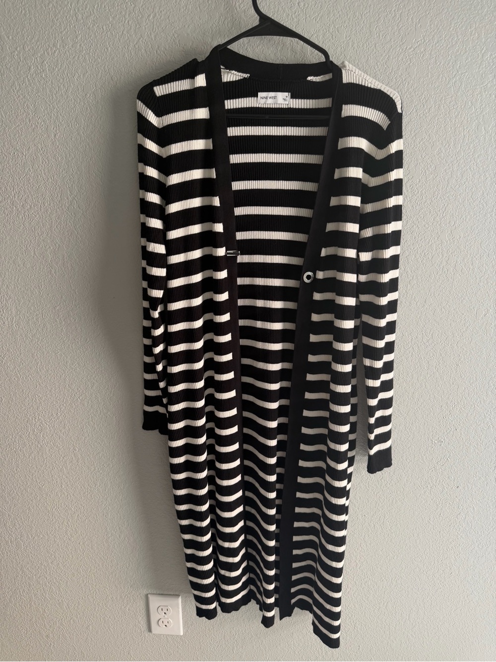 Nine West Black and White Striped Long Cardigan with Single Button